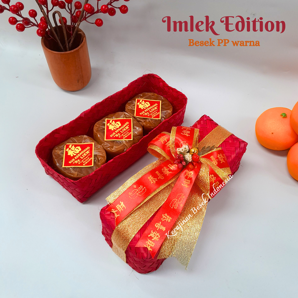 

SPESIAL BOX HAMPERS EDISI IMLEK 2025 CNY SINCIA Besek PP warna pita Kue keranjang permen coklat kotak parsel