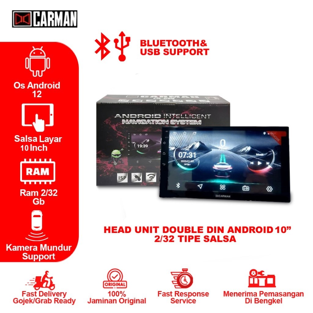 Head Unit Double Din Android Carman 10 Inch 2/32 Tipe Salsa Bluetooth