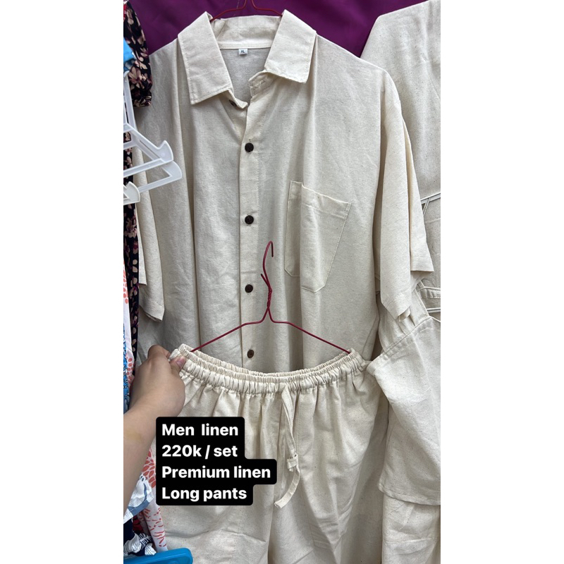 (atasan + bawahan) 1 set setelan pria kemeja dan celana panjang linen premium bali
