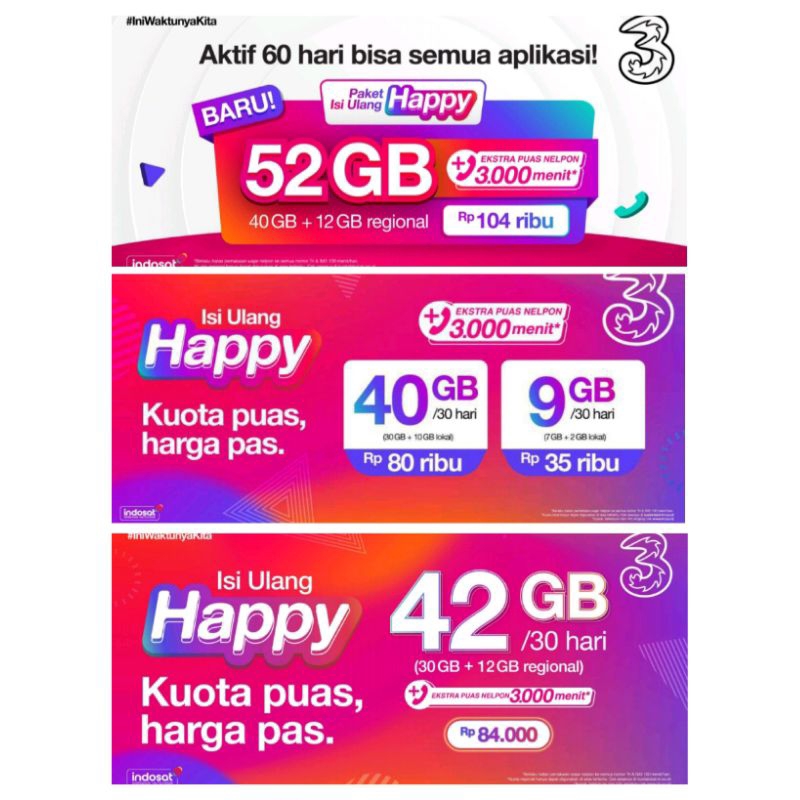 INJECT KUOTA TRI 55GB MASA AKTIF KUOTA 60HARI NASIONAL SE INDONESIA