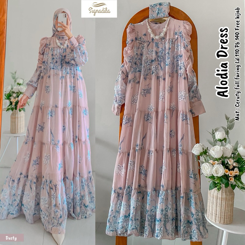 ALODIA DRESS CERUTY BY SIGNADILLA / GAMIS PLISKET / DRESS JUMBO BUSUI / GAMIS RAMPEL MOTIF BUNGA LON