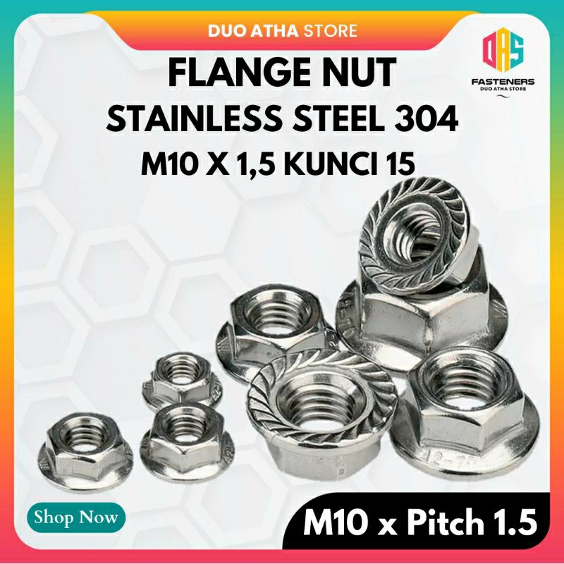 Flange Nut M10 x 1.5 Stainless Steel SS304 / Mur topi Stainless SUS 304 Kunci 15
