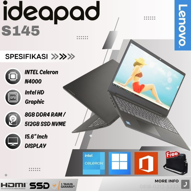 LAPTOP Lenovo Ideapad S145 | Intel N4000 | 8GB | 512GB SSD + SLOT HDD | Intel HD | 15.6" | Windows