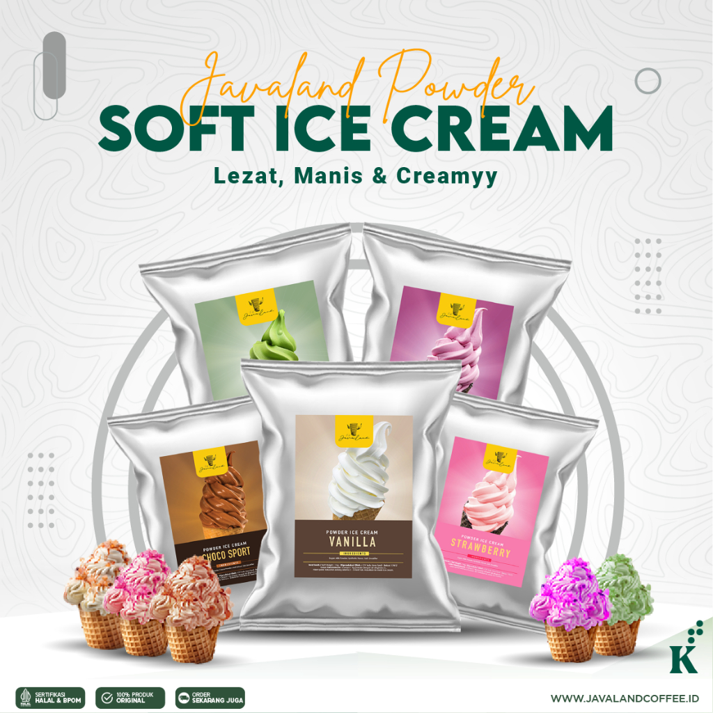 

Javaland Bubuk Ice Cream Varian Rasa 1kg | Vanilla , Choco Sport / Coklat , Strawberry , Taro, Matcha | Bubuk Es Krim Kekinian