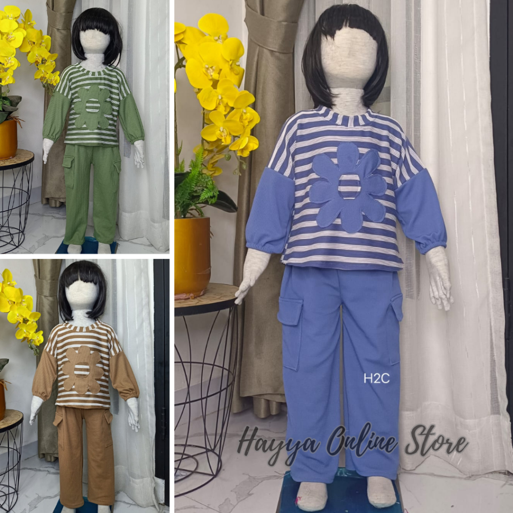 	 ONE SET ANAK KIARA CARAMEL KNIT MOTIF BUNGA USAI 3-12 TAHUN - SETELAN ANAK PEREMPUAN CARGO KEKINIAN - COD	