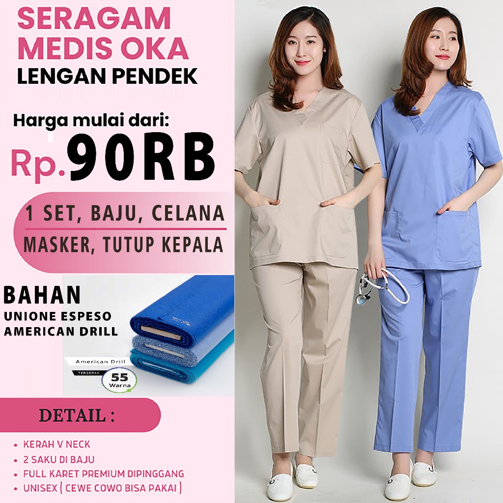 Baju OK Baju OKA Baju Perawat Baju Jaga Baju Praktek Dokter Pria & Wanita Lengan Pendek Ready