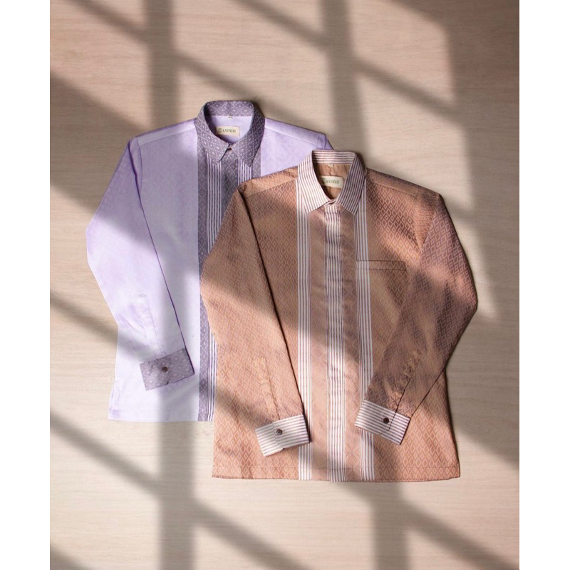 kemeja batik pria lengan panjang ungu lilac mauve dan peach songket original