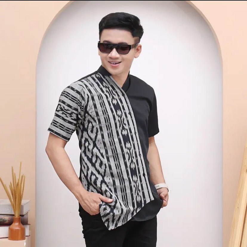 Fairus Kemeja Pendek Pria Kerah Shanghai Tenun ikat Troso Jepara NTT Toraja tenun asli kemeja pria k