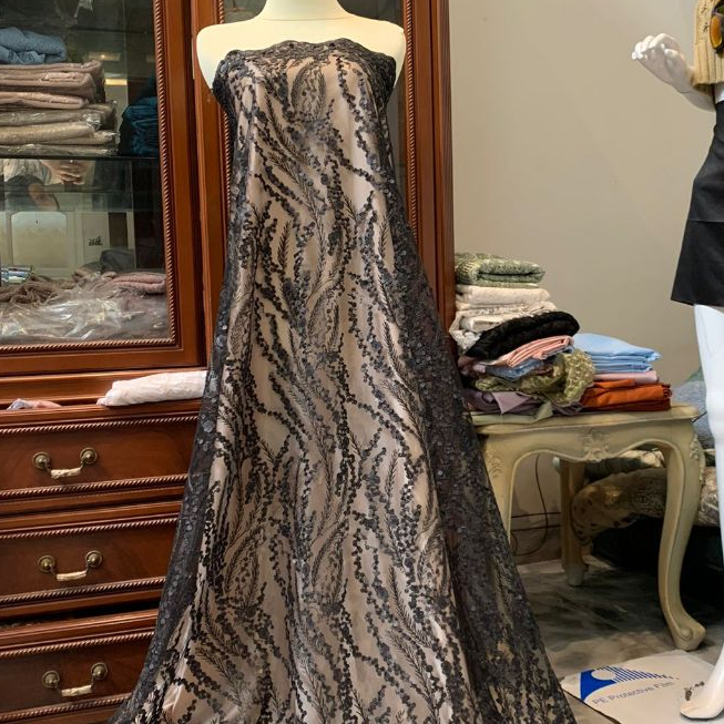 Bahan Kain Brukat Brokat Tile Bordir Payet Motif Bunga Freya Series Warna Hitam Black Tille Tulle El