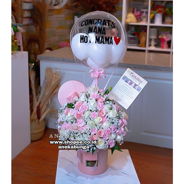 Balloon Flower Box Bunga Balon Kotak Mawar Segar Asli Fresh Rose Wedding Anniversary Birthday Kado B
