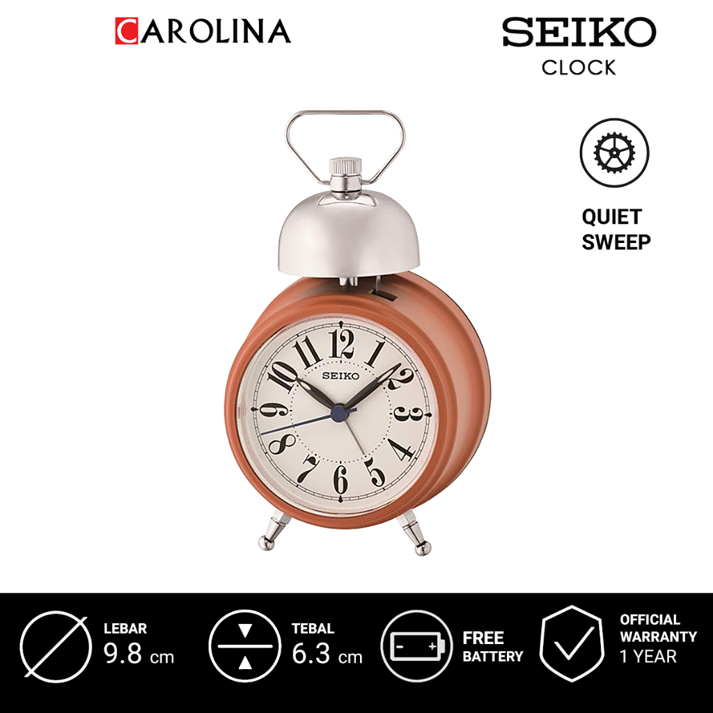 Jam Beker QHK055B SEIKO QHK055B Quiet Sweep Analog Brown Plastic Case White Dial Bedside Bell Alarm 