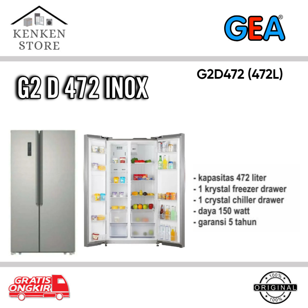 KULKAS GEA SIDE BY SIDE  2 PINTU G2D472 INOX INVERTER 472L SIDE BY SIDE  2 PINTU SIDE BY SIDE GEA