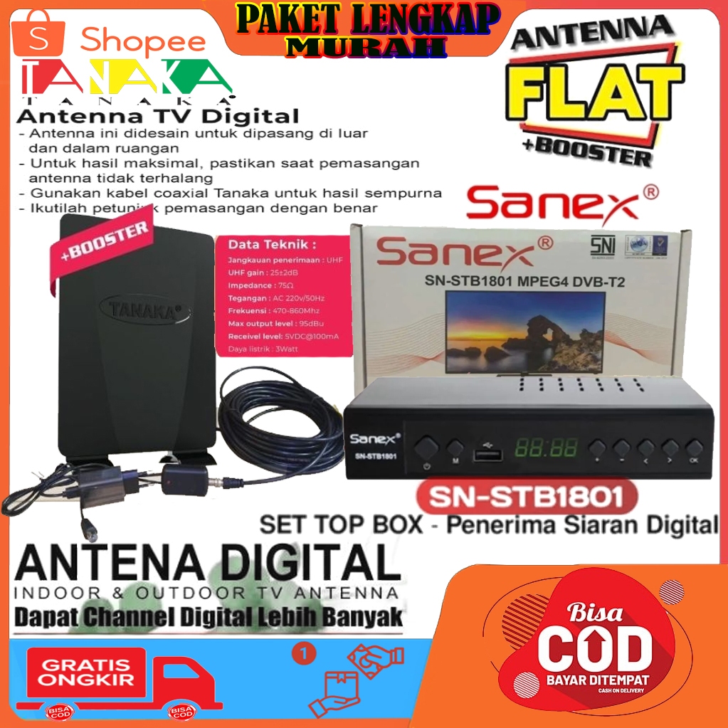 Set Top Box STB Sanex SN-STB1801+TANAKA ANTENA TV DIGITAL FLAT +BOSTER INDOOR OUTDOOR