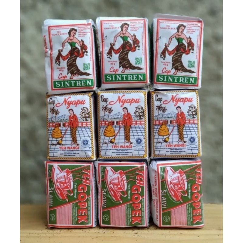 

1 paket teh isi 9, sintren, nyapu, gopek 40 gr per pcs