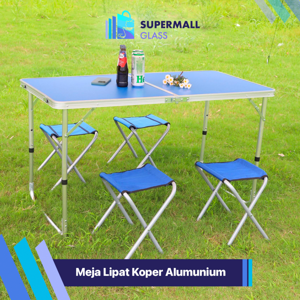Supermall Glass COD  Meja Lipat Square Koper Alumunium | Meja Flipper Outdoor Piknik Portable 4 Kursi | Meja Serbaguna Indoor Aluminium Portable