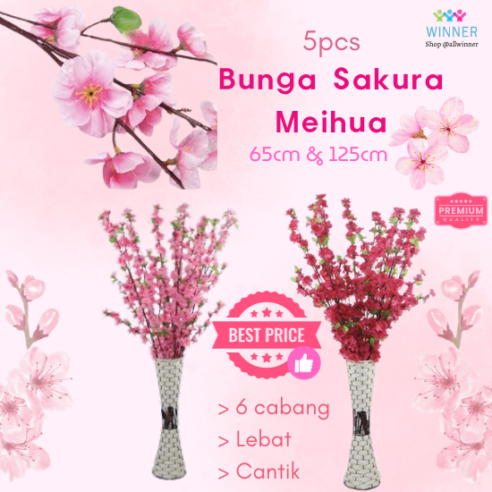 BUNGA SAKURA 5pcs MEIHUA IMLEK SINCIA ARTIFICIAL FLOWER PANJANG 125cm 65cm 6 CABANG LEBAT FULL YINHU