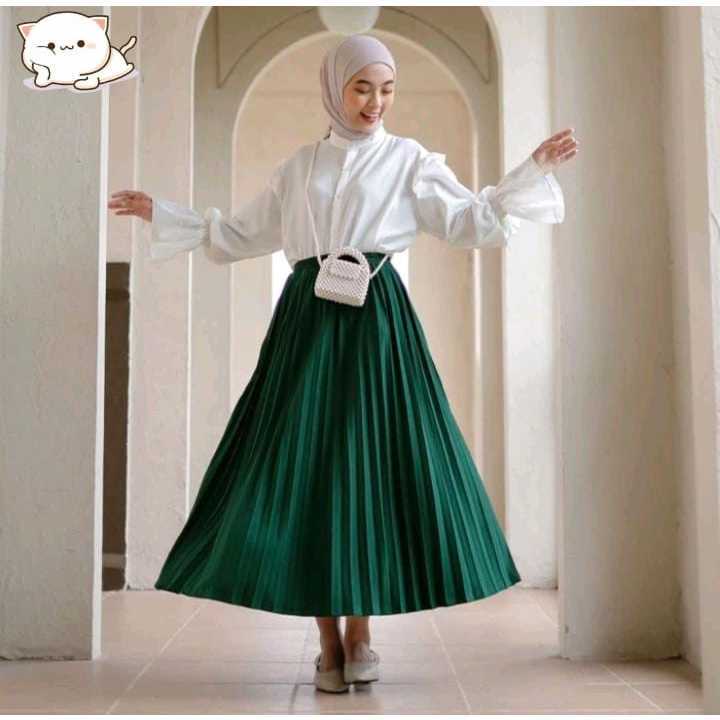 Rok Plisket Hyget Super Premium/Rok Plisket Wanita/Rok Panjang Muslim/Rok Mayung HIJAU EMERALD