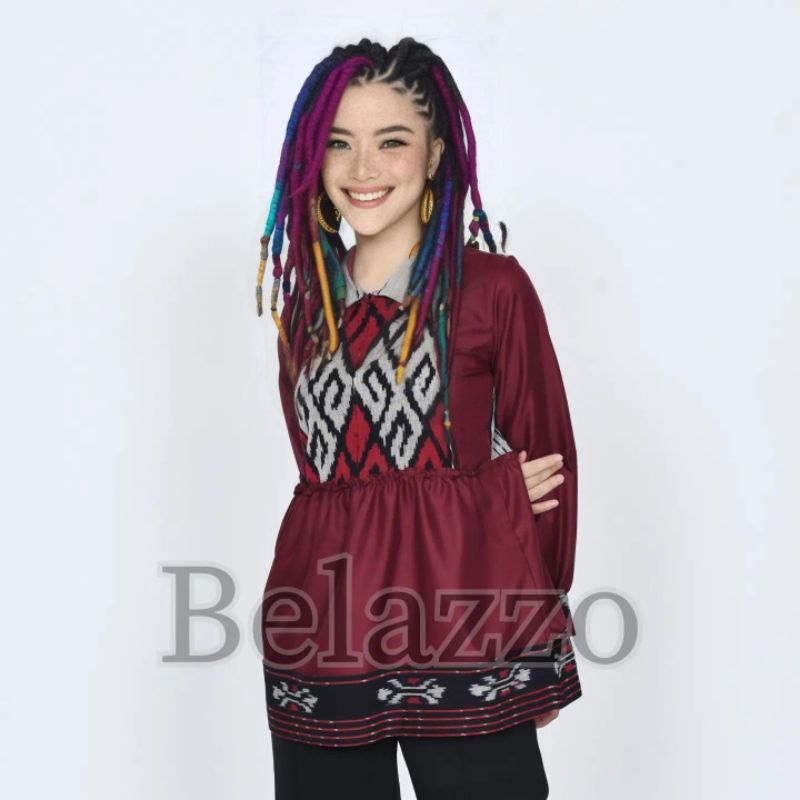 Baju Atasan Blouse Batik Tenun Etnik Wanita Modern - Kemeja Kerja Batik Tenun Wanita Kekinian - Blus