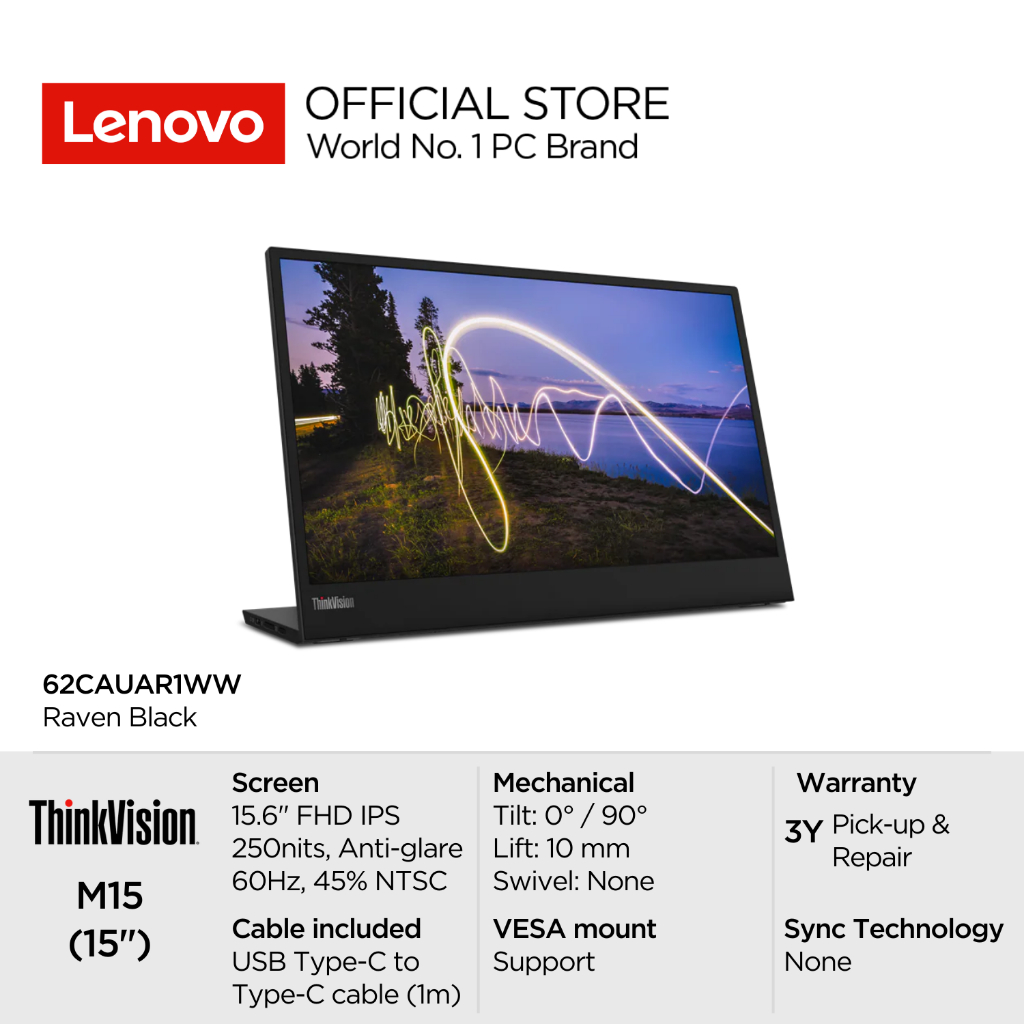 Lenovo Monitor ThinkVision M15 with USB-C 14" FHD IPS WLED 250nits 60Hz 45% NTSC Anti-glare 62CAUAR1