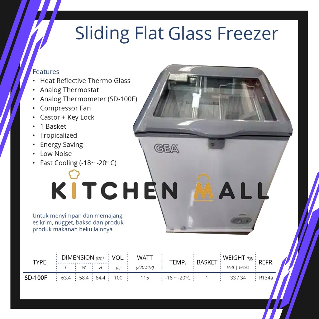 GEA SD-100F sliding flat glass freezer - freezer pintu kaca buka atas - freezer box kecil