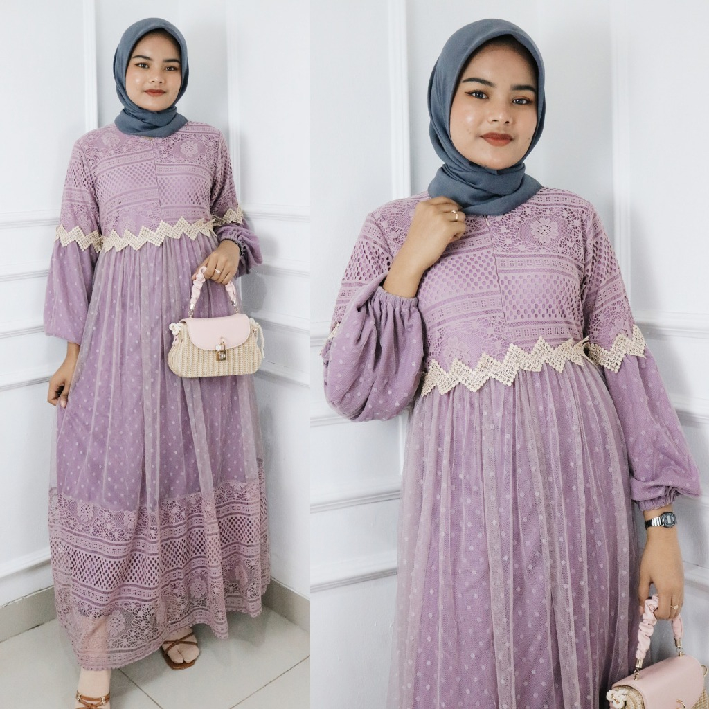Gamis Terbaru Elegan Mewah Olivia Dress BO Bahan Brokat Mix Tile Puring Hyget Size M L XL XXL LD 100