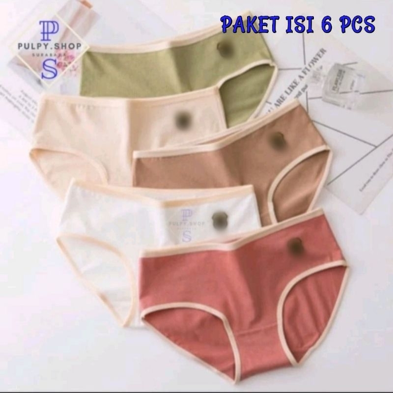 Paket 6 Pc Celana Dalam Fashion Wanita Underwear CD Brief Mid Waist Jumbo