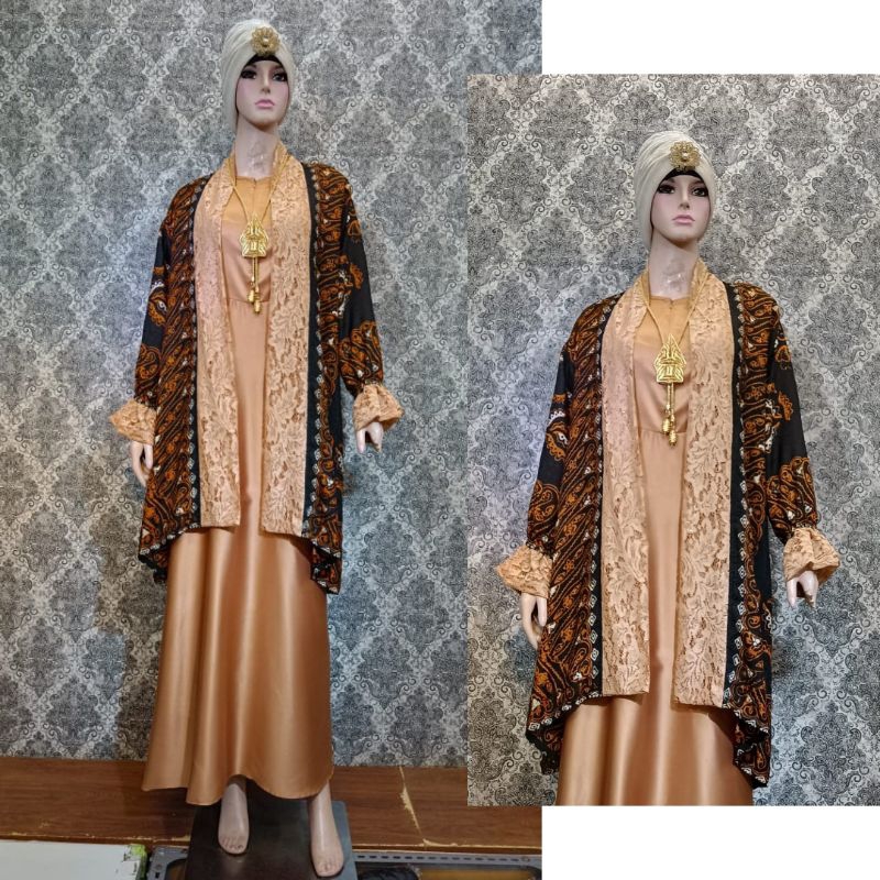Kaftan Ikat Outer Batik renda Lace | Dress Pesta Kekinian | Outher Viscose Sutra Silk Premium | Dres