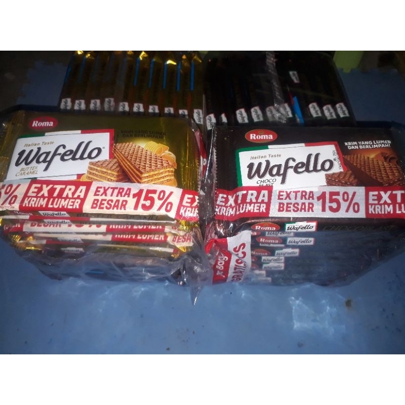 

WAFELLO 43gr Roma Wafer Dengan Krim Coklat Choco Blast Wafer dengan Krim Karamel Butter Caramel eceran 2000