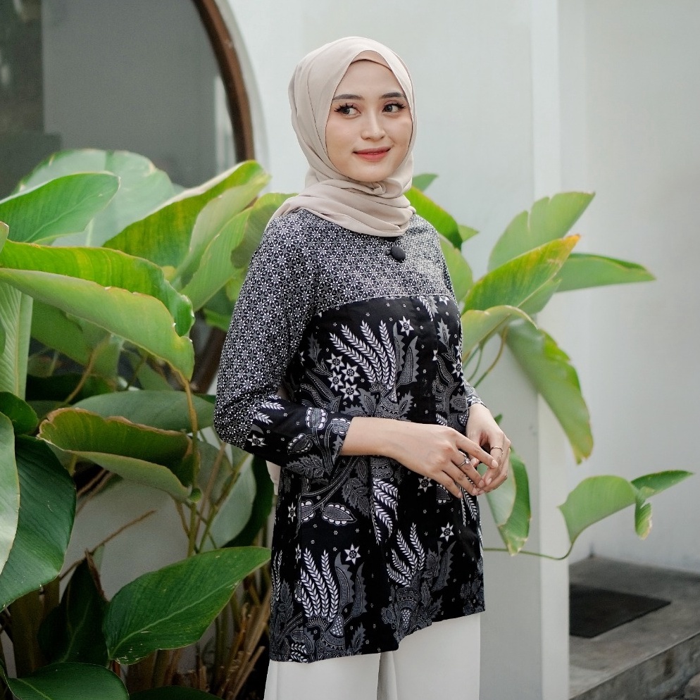 Baru IdBbB5 blouse batik atasan kerja wanita batik trikot lengan panjang modern model terbaru l
