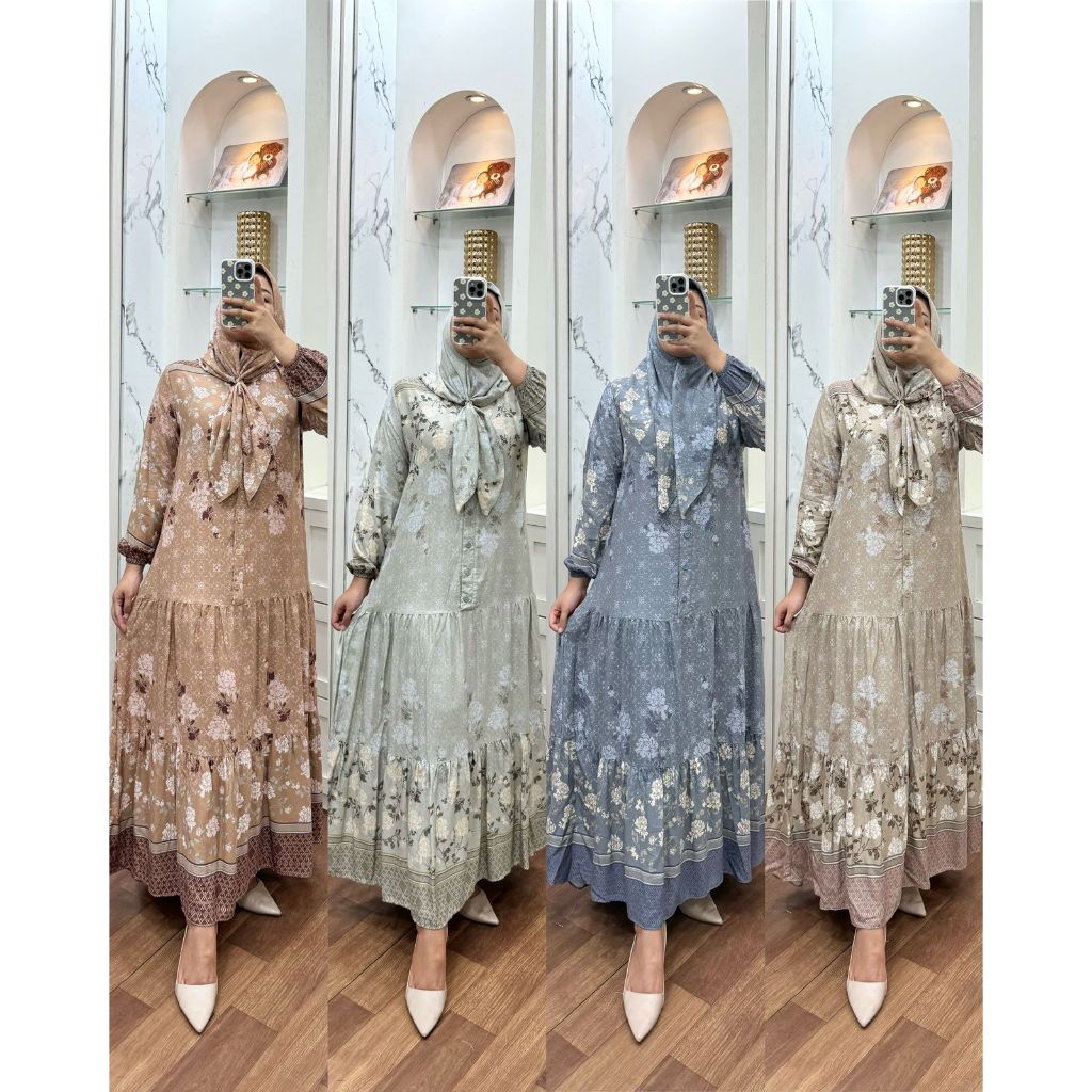 GAMIS SET HIJAB SEGIEMPAT VISCOSE RAYON MOTIF ORIGINAL ANNISA 002 003 dress syari  busana muslim baj
