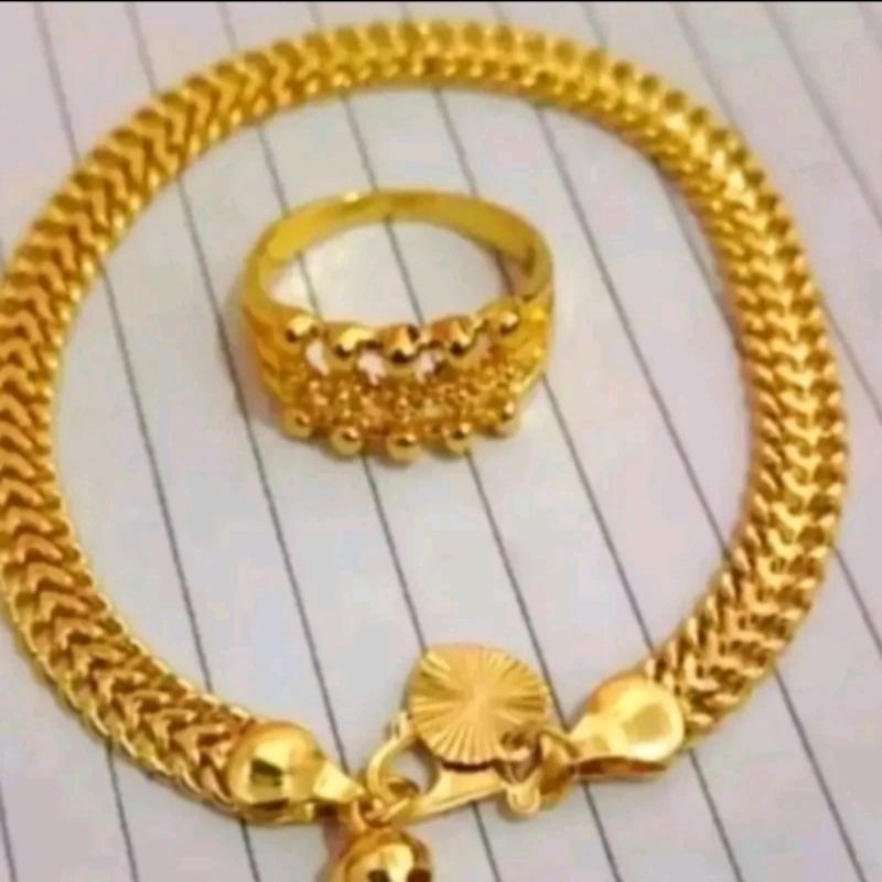 Gelang tangan kelabang free cincin bulat bulat.titanium Anti karat perhiasan wanita corak emas23k