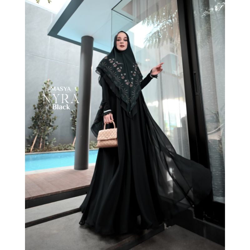 Set Gamis Dress Ceruty Babydoll Printing Premium Syari Branded Hitam - Black - jet black Mewah Masya