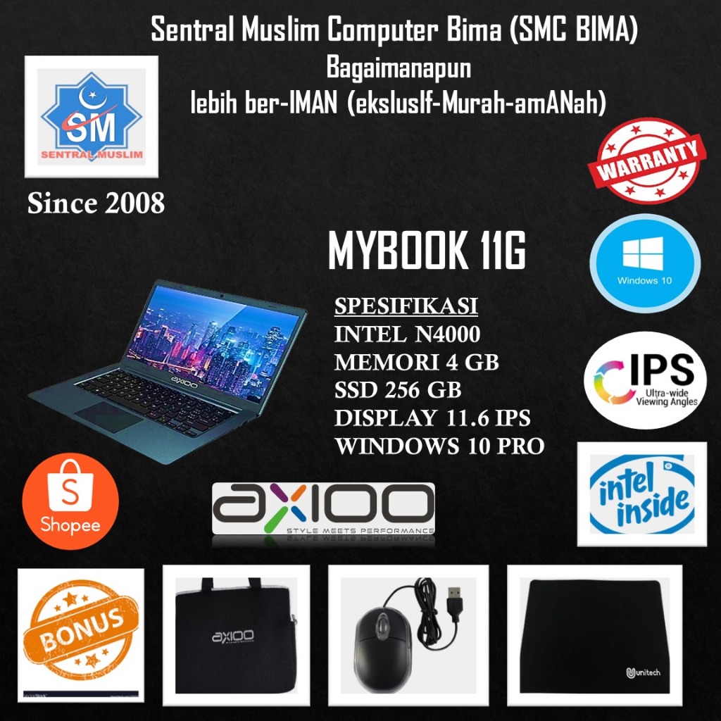 Laptop Tipis, Ringan & Paling Murah, Ukuran 11,6 Inch, Hardisk SSD 256, Axioo Mybook 11G