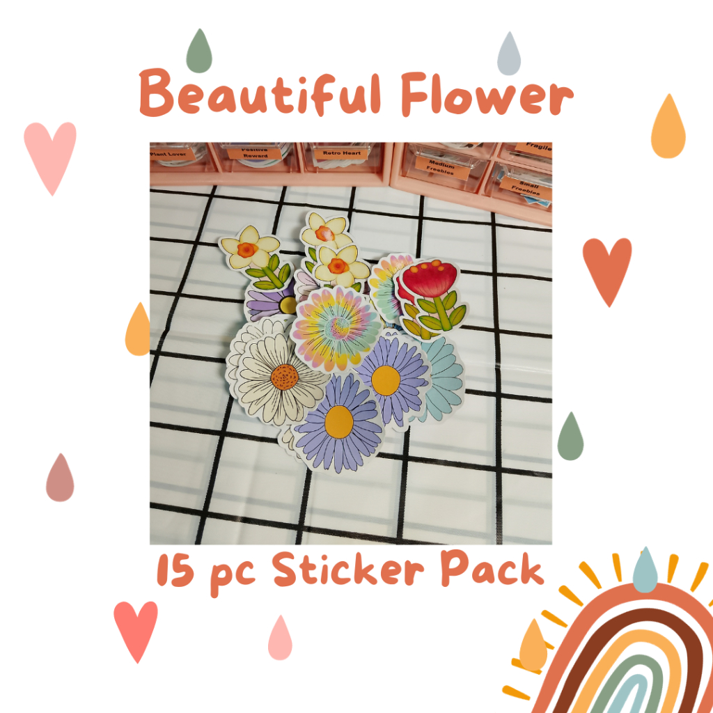

SPS025 - [15Pcs] Beautiful Flower Sticker Aesthetic Waterproof 5cm Premium Jurnal Planner Notebook