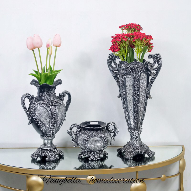 Vas Bunga Keramik Klasik Antik Guci Abu Abu Retro  Porselen Dekorasi Hiasan Percantik Rumah Set