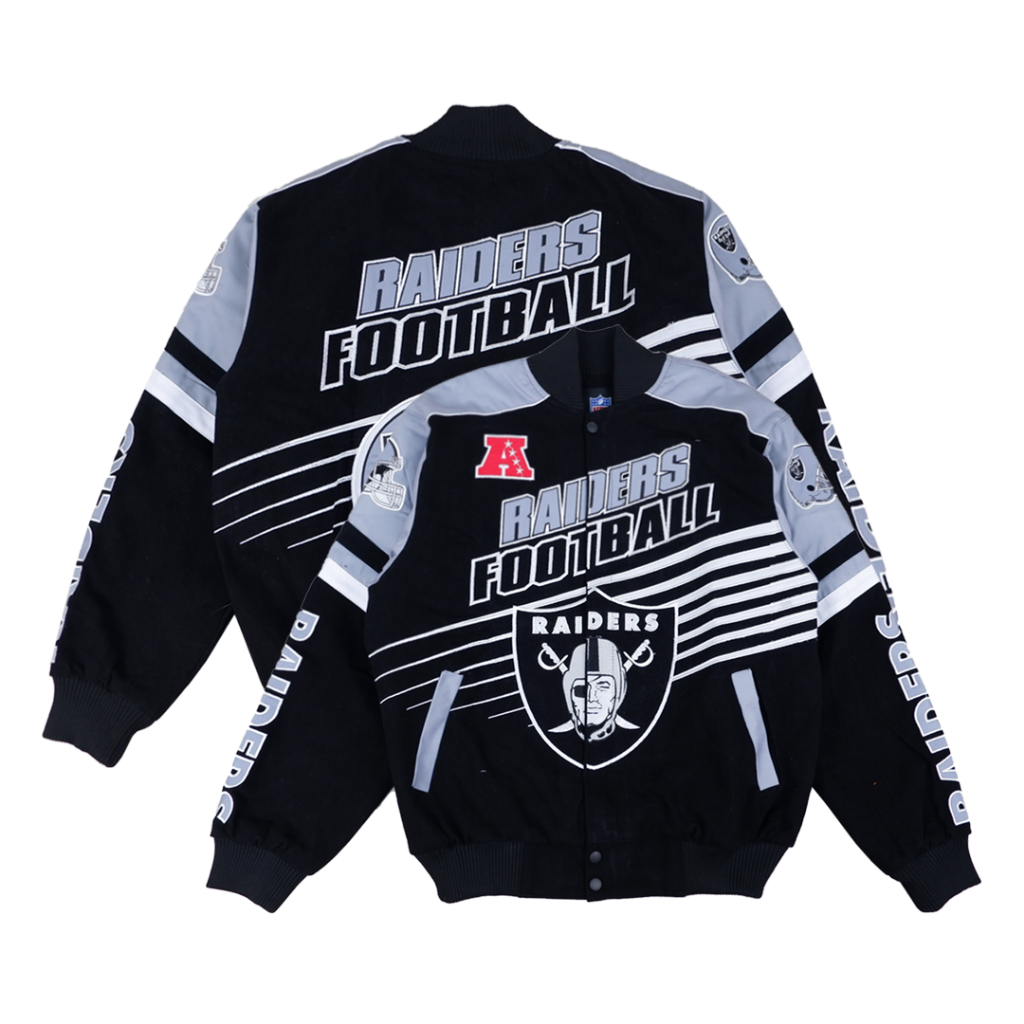 JAKET VARSITY RAIDERS VINTAGE JAKET RAIDERS FULL BORDIR VARSITY VINTAGE RAIDERS FOOTBALL