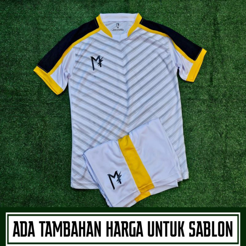 MUZAKAR Baju Futsal Setelan Stelan Jersey Bola Putih List Hitam Kuning, Bisa Sablon