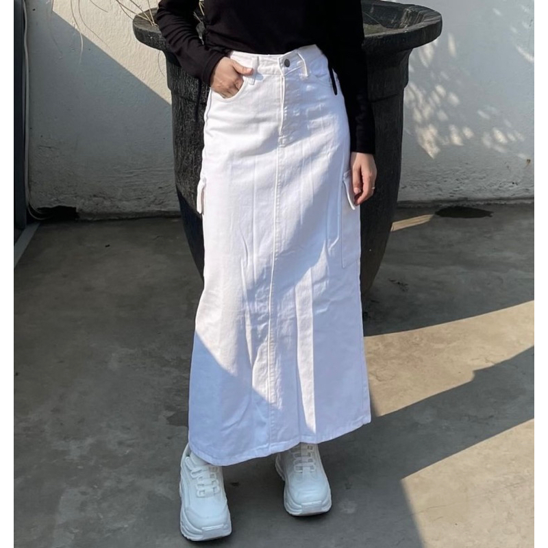 JNSQU - Rok Span Kimpul Wanita Highwaist Rok Cargo Jeans Warna Hijau Tua Putih Bersih