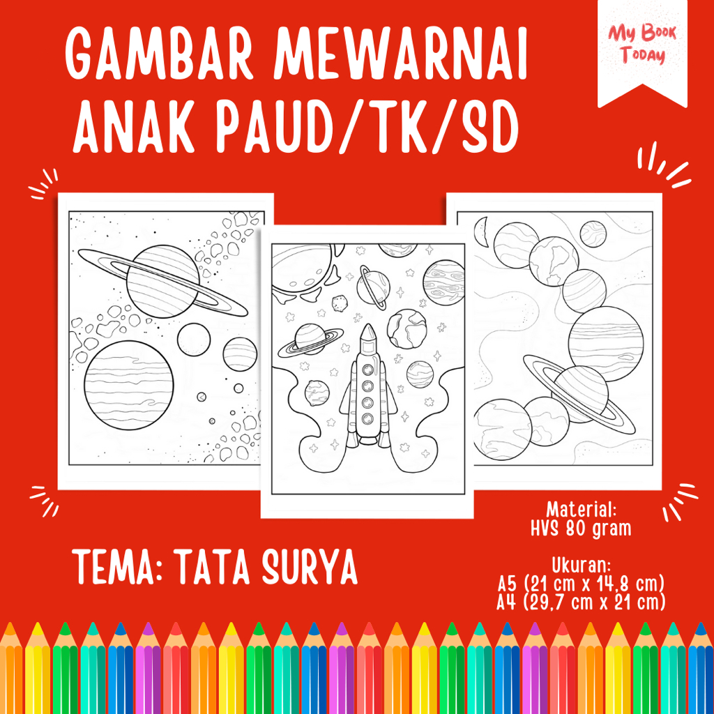 

[My Book Today] Lembar Kertas Sketsa Gambar Mewarnai untuk Anak Sekolah PAUD TK SD Tema Tata Surya Solar System