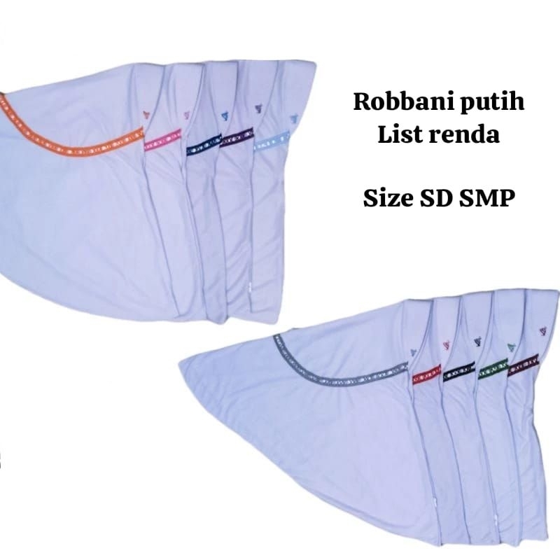 Jilbab anak sekolah robbani kw putih list renda size SD SMP warna merah cabe maroon dusty pink ungu 