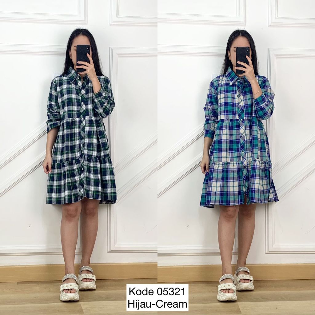 05321 TUNIK FLANEL MOTIF KOTAK KOTAK VARIASI RUMPLE DUA TINGKAT FULL KANCING DEPAN LENGAN PANJANG PR