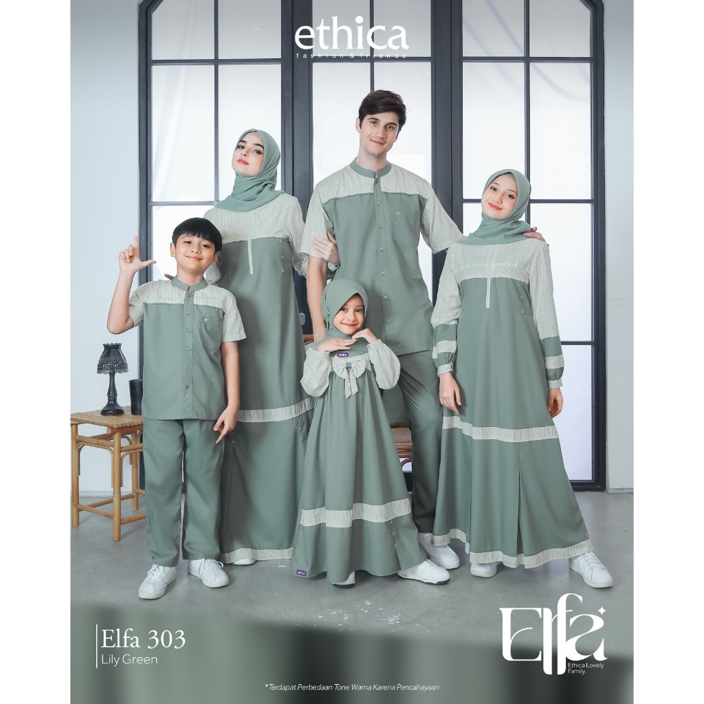 Ethica Elfa 303 Lily Green Sarimbit Gamis Koko Dewasa Anak Set Hijab Set Celana Valdena Katun Salur