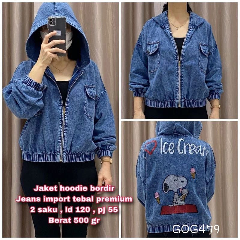 GOG479 Jaket Wanita Jeans Denim Resleting Hoodie Jumbo LD120 PJ55 Belakang bordir anjing