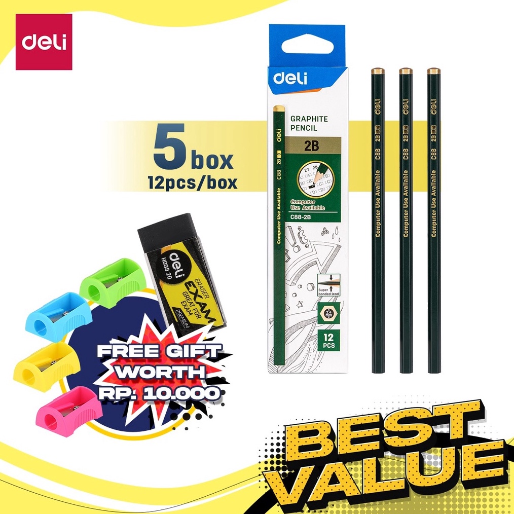 

ART I78P Deli Paket Kombo ATK Ekonomis 6 pcs Pensil Kayu 2B Gratis Rautan Penghapus EC882B