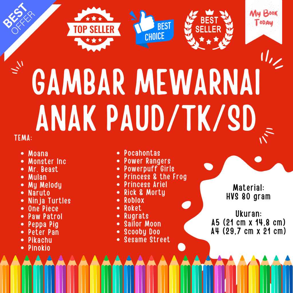 

[My Book Today] Paket Lembar Kertas Sketsa Gambar Mewarnai untuk Anak Sekolah PAUD TK SD