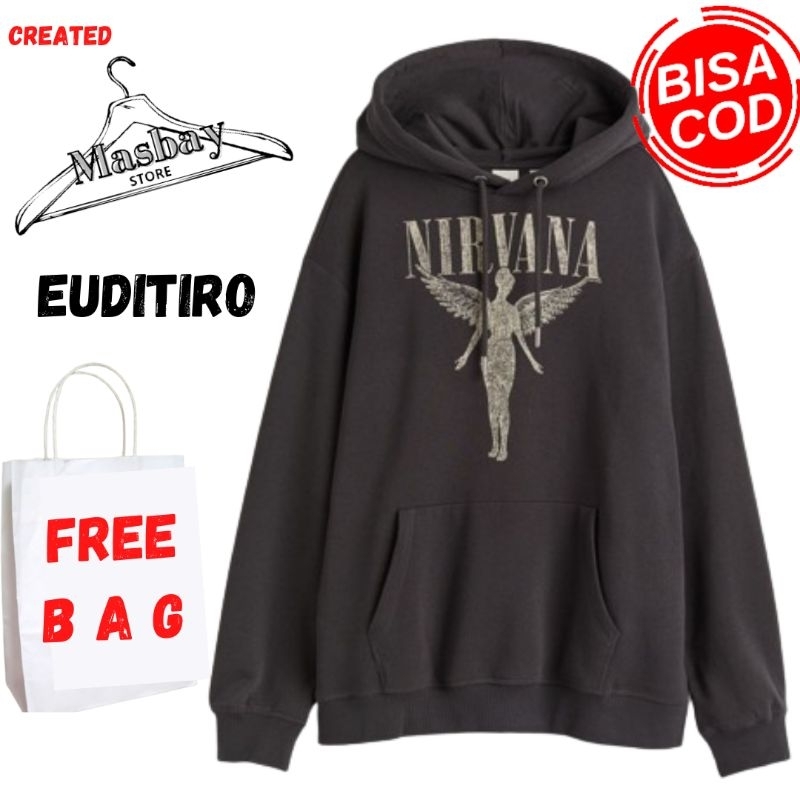 (2.2) Hoodie hm Nirvana euditiro dark grey pria wanita ful tag