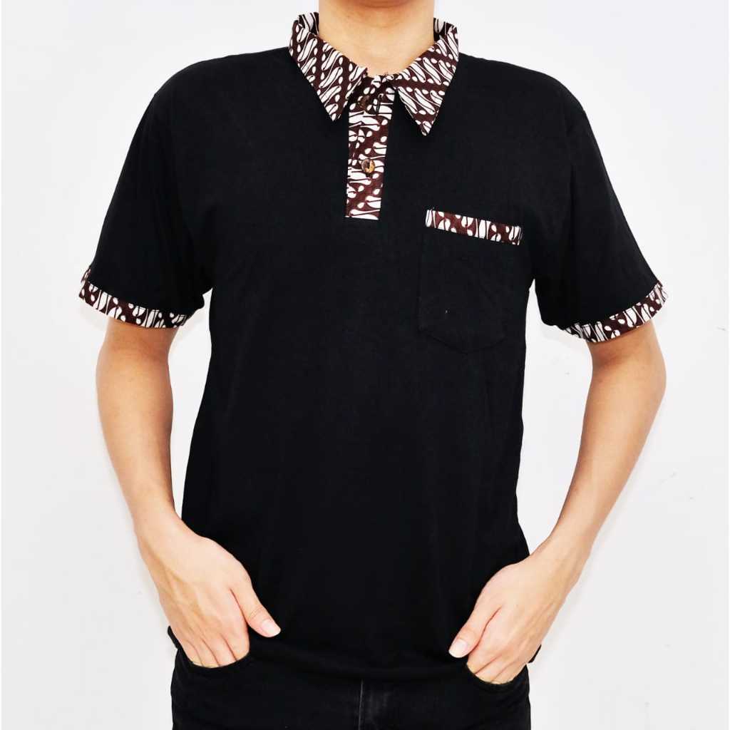 Kaos Krah Polo Batik Pria Lengan Pendek Warna Hitam Premium Sari