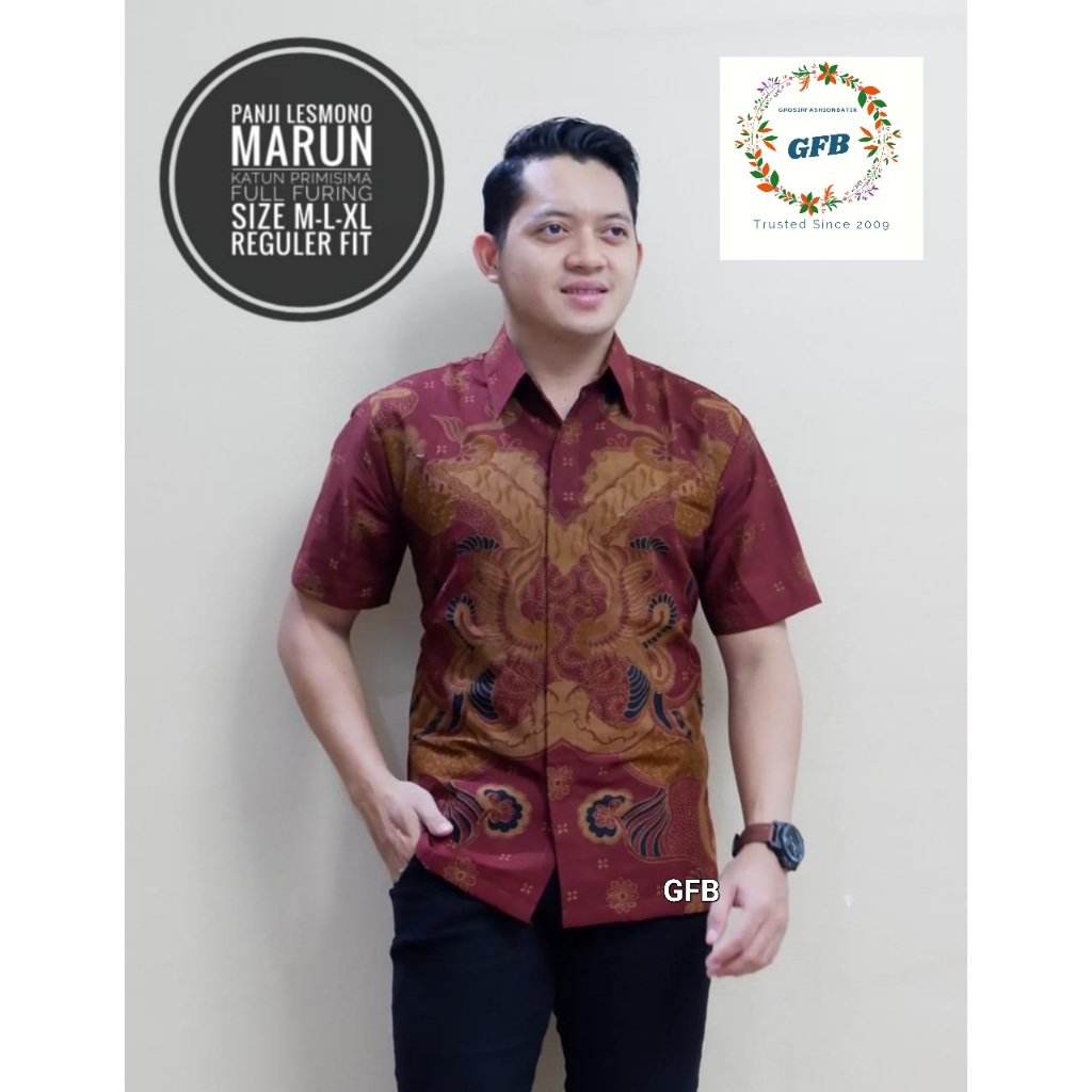 Hem Batik Panji Lesmono Merah Maroon. Kemeja Batik Premium Original Solo Full Furing. Kemeja Batik I