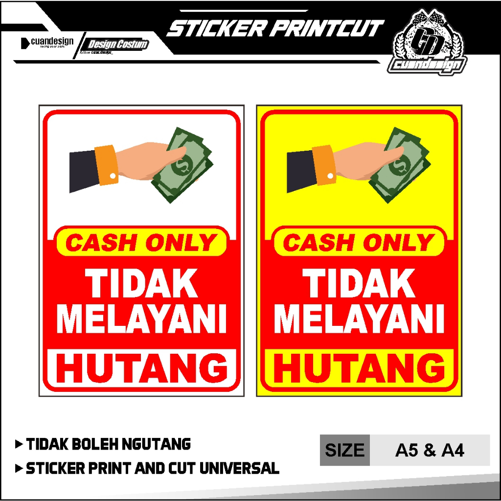 

STIKER CASH ONLY | BAHAN VINYL + LAMINASI GLOSSY UKURAN A5 & A4