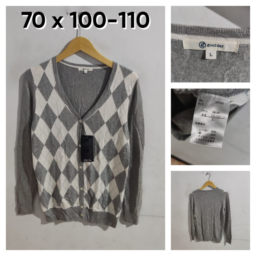 Cardigan Good Day Abu V Neck Size L Motif Ketupat Wanita Atasan Sweater Cardi Argyle Outer
